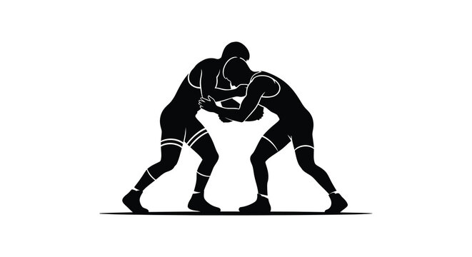 a dynamic illustration depicts two wrestlers locked in a close grappling position showcasing strength and athleticism silhouette high quality professional detailed