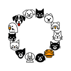 Fototapeta premium A circular illustration of various cartoon animal faces, including dogs and cats, arranged in a wreath on a white background with a minimalist line art style.