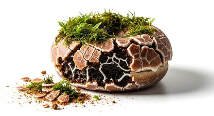 Conceptual donut with cracked glazing and green moss growing on top, representing abandoned food and organic decomposition.