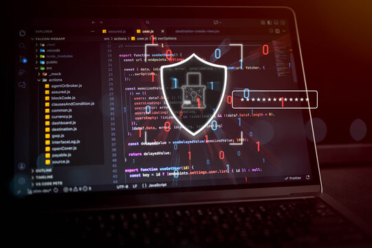 Cybersecurity and data protection concept with software source code on laptop screen, digital shield, password interface and binary data, representing secure login system security. - Powered by Adobe