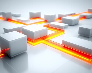 Abstract Interconnected Cubes With Orange Lines