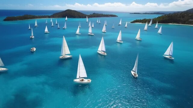 Aerial view of a fleet of sailboats gliding across a vibrant turquoise ocean near lush green islands under a bright blue sky with scattered clouds showcasing a serene nautical adventure and