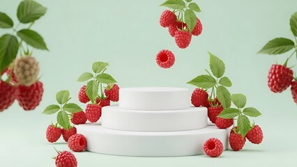 White Round Podium Product Shot with Falling Fresh Red Raspberries and Green Leaves on Light Green Background