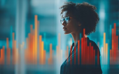Businesswoman in modern office with glasses analyzing floating data graphs overlooking cityscape