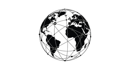 a detailed black and white graphic depiction of planet earth with interconnected lines symbolizing global networks and a striking silhouette © mrvect02