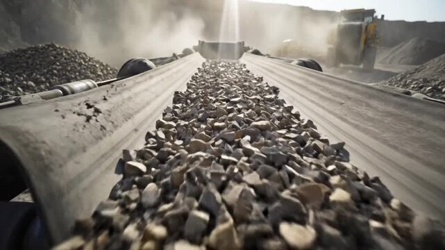 Industrial Conveyor Belt Moving Rocks in a Quarry, with Sun Shining Through the Dust-Filled Air