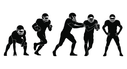 a dynamic sequence showcasing a football player in various action poses presented as a striking black silhouette against a stark white background © mrvect02