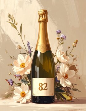 Champagne bottle with number 82 on the label and a bouquet of flowers. Rustic illustration for birthday or anniversary celebration