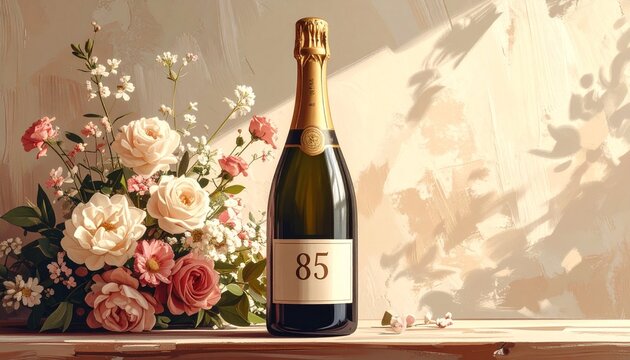 Champagne bottle with number 85 on the label and a bouquet of flowers. Rustic illustration for birthday or anniversary celebration