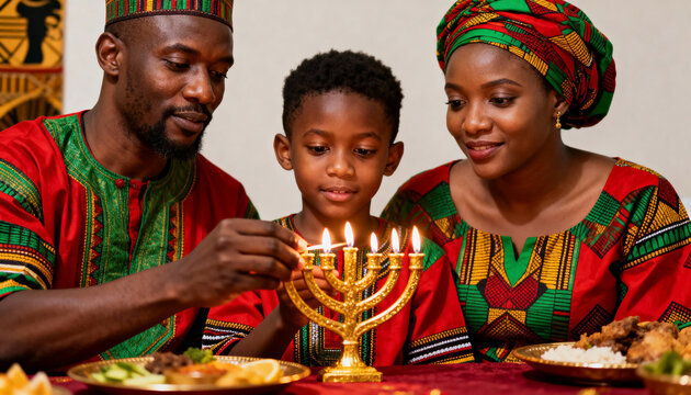 Black family celebrating Kwanzaa together at home. Father and son lighting the kinara candles for the holiday. African-American cultural tradition
