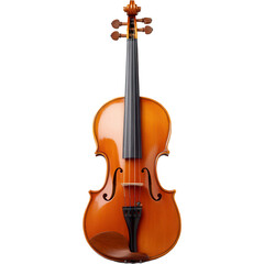 Fototapeta premium A wooden violin with strings, a bridge, f-holes and tuning pegs sits in elegant, detailed presentation.