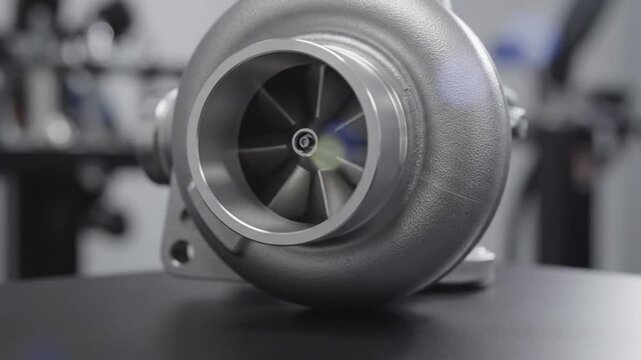 Rotating turbocharger compressor wheel in motion, showcasing automotive engine parts for powerful performance on a sleek table