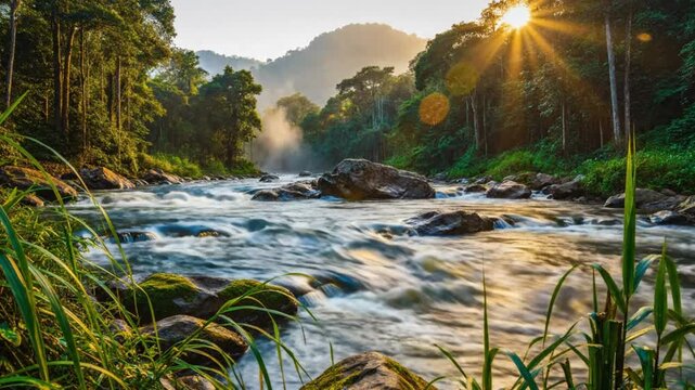 Lush Rainforest River Flowing Through a Green Landscape with Sunlight and Mist During a Peaceful Morning