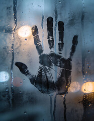 Close-Up of Foggy Glass with Fingertip Traces and Condensation Trails, Cinematic Lighting, Emotional Mystery Mood, Atmospheric and Intimate Abstract Storytelling Background