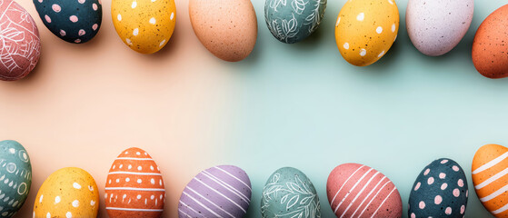 Obraz premium Easter eggs with various patterns are arranged on a soft pastel background. The center has space for text, making it suitable for festive purposes