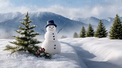 Obraz premium A serene winter landscape features a smiling snowman amidst soft falling flakes and distant pine trees against a vast white horizon. 