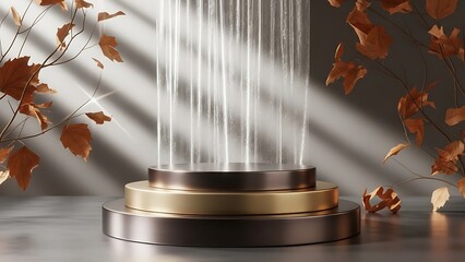 Autumn Bronze and Gold Product Display Podium Mockup with Glowing Light Beams