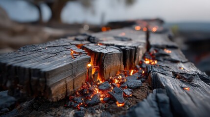 A close-up of charred wood reveals the remnants of a fiery blaze, with black cracks radiating from the surface like twisted metal. The warm glow of embers casts an eerie light on the cracked wood.