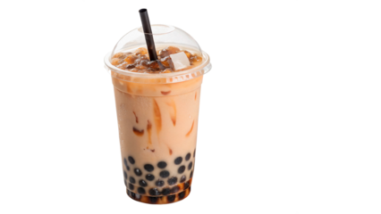 Bubble drink with tapioca pearls served in clear cup with straw  isolated on transparent background	