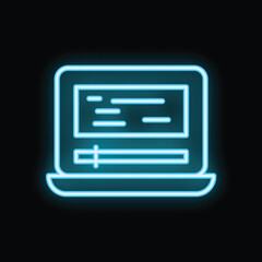 Glowing blue neon icon of a laptop displaying lines of code on the screen and a progress bar below
