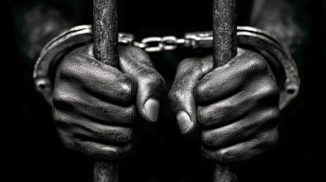 Hands in handcuffs hold iron bars of a prison against a black background, highlighting the struggle and confinement in a detailed, realistic style
