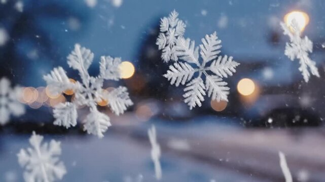 Snowflakes Falling on a Snowy Street with Bokeh Lights in a Soft Winter Scene