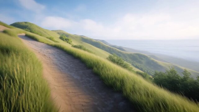 Drone camera glides forward above a winding dirt trail on green coastal hills at sunrise. Tall grass ripples in wind as the path bends, revealing wide sky and horizon.