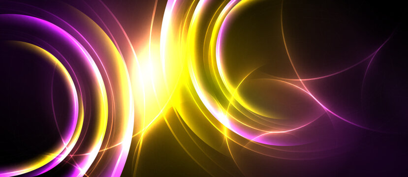 Abstract vibrant light streaks, circles, curves. Yellow, purple hues dominate dark background. Energetic, dynamic composition.