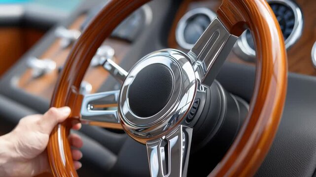 Close-up of hands grip and turn a wooden steering wheel inside a vintage car, fingers slide to the chrome horn ring, then tighten as the wheel rotates smoothly in a classic cockpit during driving.