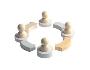 Wooden figurines forming a circle together.