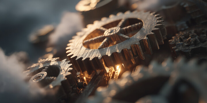 Macro close-up of interlocking metal gears with warm light, symbolizing precision engineering, mechanical process, industrial power, innovation, and complex machinery in motion