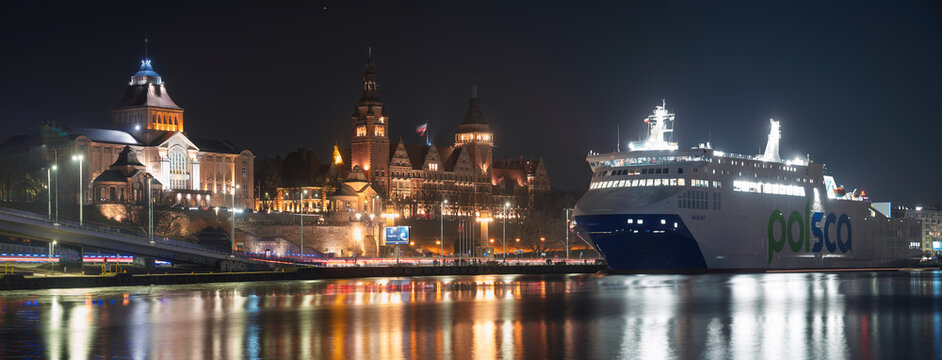 Jantar Unity at the waterfront in Szczecin. This is an innovative ro-pax ferry operating for POLSCA.
