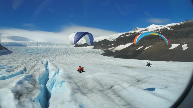 Extreme paragliding adventure over vast icy glacier landscape with majestic snow-capped mountains and clear blue sky showcasing thrilling aerial sport and breathtaking natural beauty