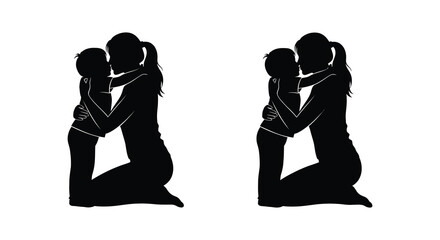 a striking black and white illustration depicts a mother and child embracing in a tender moment captured as a beautiful silhouette © mrvect02