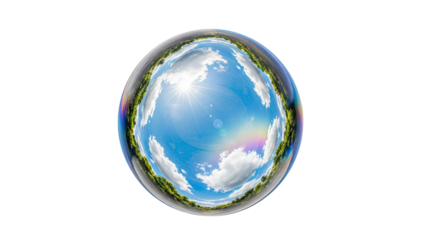 Planet Earth reflected in a sphere with sun and rainbow