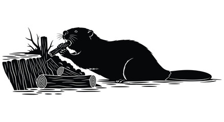 a detailed illustration depicting a beaver chewing on a branch near a dam surrounded by water and logs rendered as a striking silhouette © mrvect02