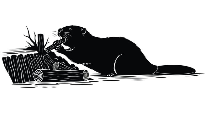 a detailed illustration depicting a beaver chewing on a branch near a dam surrounded by water and logs rendered as a striking silhouette
