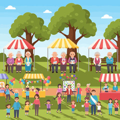 Fototapeta premium Community fair in park with families and seniors enjoying outdoor activities