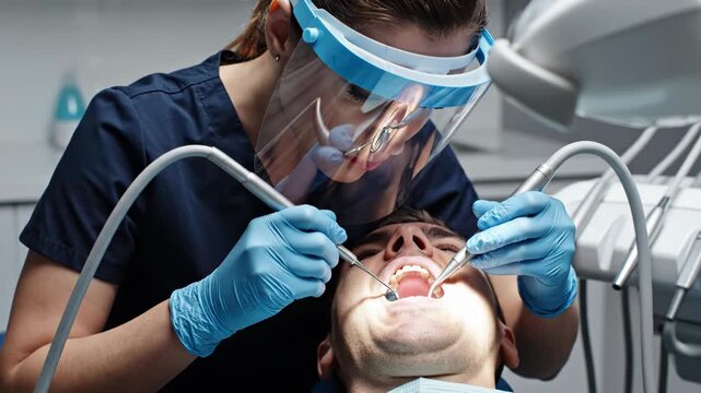 Dentist examining patients teeth with dental tools and equipment 4k video