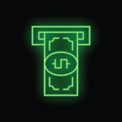 Neon green atm distributing ukrainian hryvnia banknote on a black background