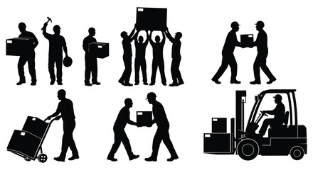 a striking visual sequence depicts people moving boxes utilizing a forklift showcasing teamwork and logistical operations silhouette high quality professional detailed © mrvect02
