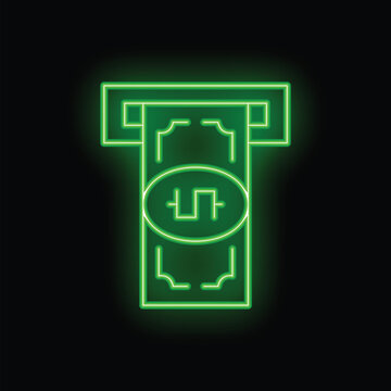 Neon green atm distributing ukrainian hryvnia banknote on a black background