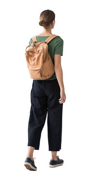 Full length portrait of young woman walking isolated transparent PNG, student girl full body photo PNG with transparent background precisely cut out with clipping path, back view.