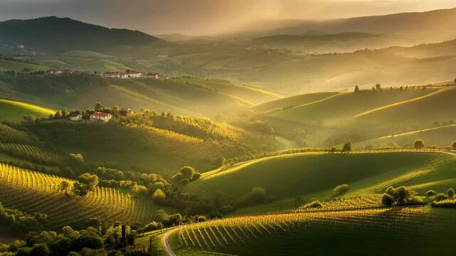 Golden hour sunbeams illuminate rolling tuscan hills with vineyards and rustic villas creating a serene and picturesque landscape perfect for travel tourism and agricultural themes