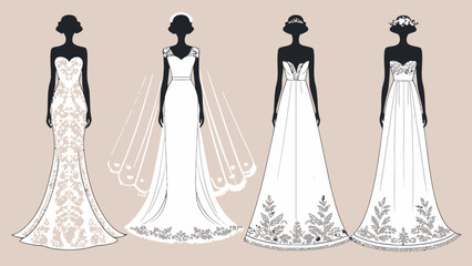 Elegant wedding dresses in various styles and designs for bridal trousseau on beige background