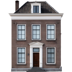 Fototapeta premium Captivating facade of a two-story building showcasing symmetrical design, brickwork, & classic elegance.