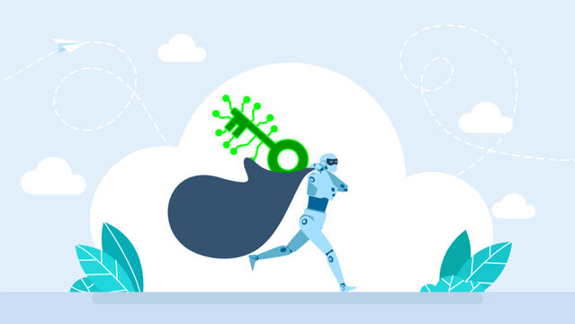 Hacker robot. Artificial intelligence steals digital access key. Bad bot breaking lock. Password hacking software, artificial intelligence technology. Humanoid robot cybernetic AI. Vector illustration