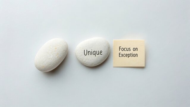 A studio flat lay showcasing smooth white stones with one marked 'Unique' and a note stating 'Focus on Exception' on a clean background