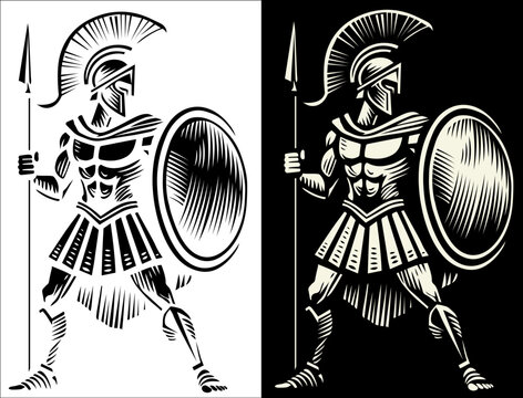 A bold black-and-white illustration of a warrior holding a spear and shield, in traditional armor and helmet. Could represent a Spartan, Trojan, or Roman gladiator, symbolizing strength and valor.