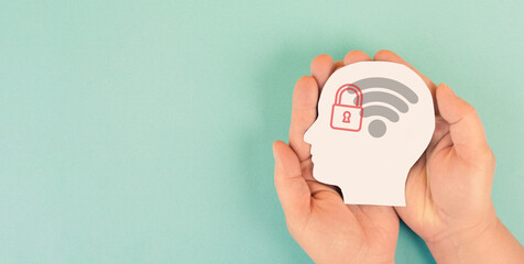 Internet user connected with padlock, cyberspace security, protection of privacy and personal data, lockout from computer cloud, safety concept